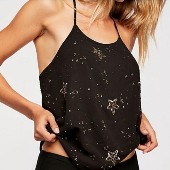 Free People Black Star Embellished Slip Camisole Beaded Sequin XS - Picture 1 of 9